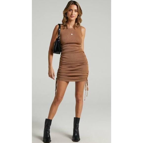 LIONESS revolve camel brown ruched Military Minds thick stretch mini dress - Picture 4 of 10
